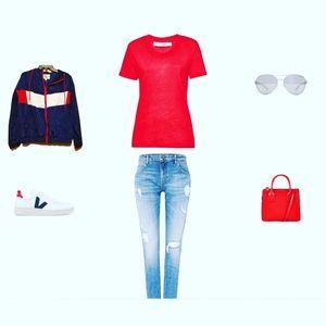 Outer edge navy, red, and white jacket